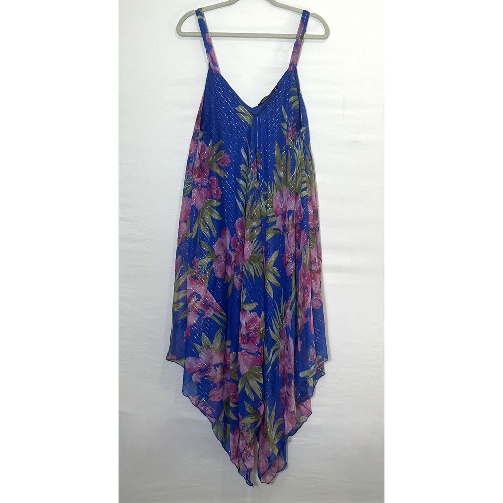 Mlle Gabrielle Women's Flowy Boho Dress Size 1X Blue Pink Asymmetric Scarf Hem